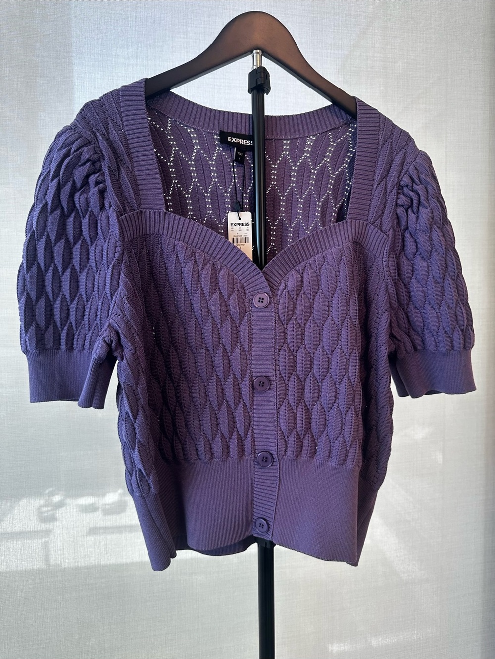 Express Purple Short-Sleeve Knit Button-Up Cardigan